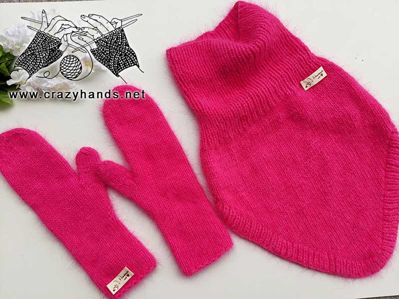 knit Barbie-style bandana cowl and winter mittens