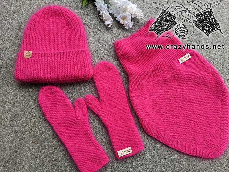 knit Barbie-style winter set that includes a bandana cowl, a hat, and a pair of mittens