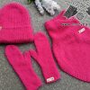 knit barbie-style winter set that includes a hat, a bandana cowl, and mittens