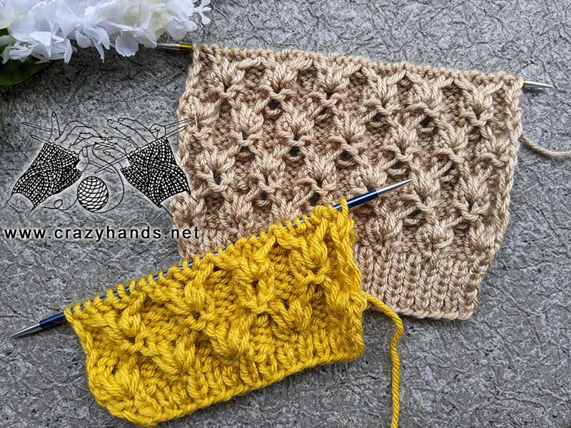 beginning and end of the knit lace knots stitch