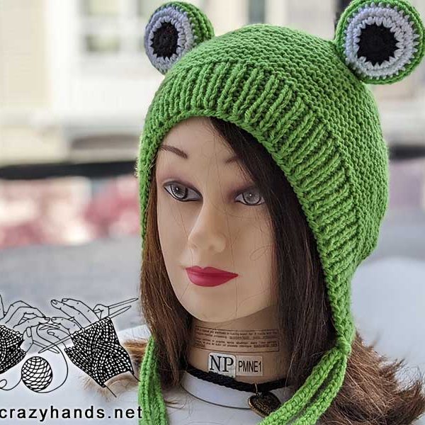 knit frog hat on a female head mannequin - left side view