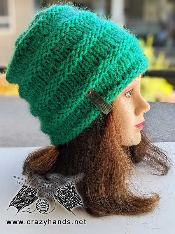 reversible knit chunky hat on mannequin's head - right side view