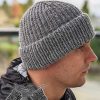 right side view of a men's knit beanie with a fixed double brim