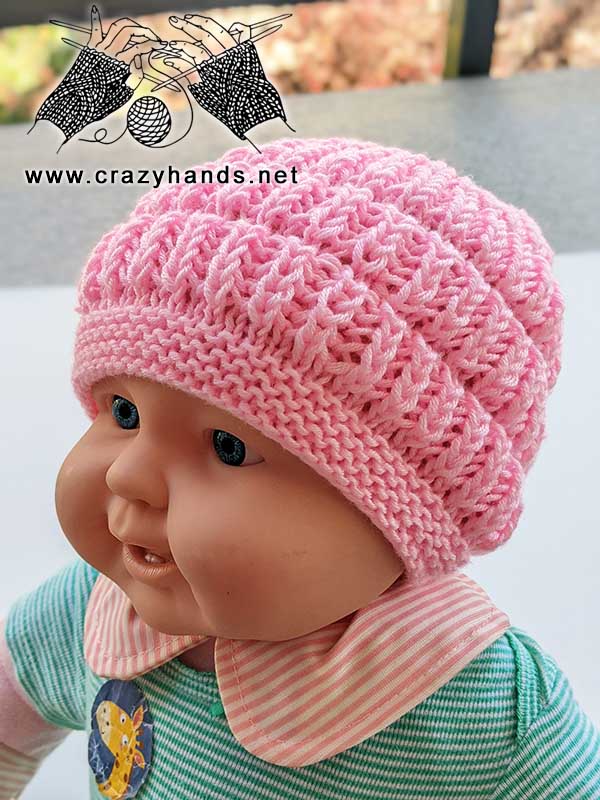 flat knit brioche stitch hat on a baby mannequin