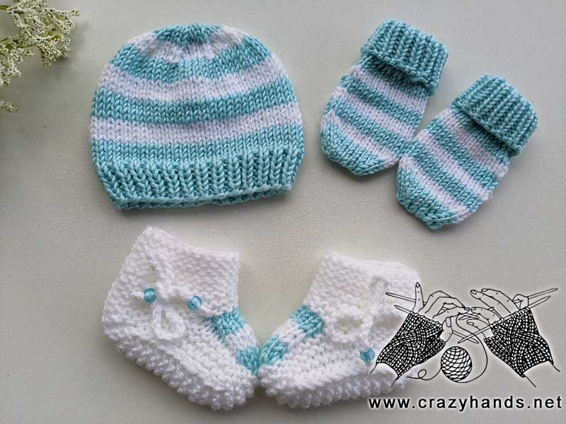newborn baby knit striped beanie, booties, and no-thumb mittens set