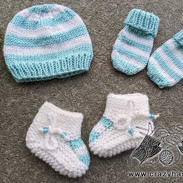 newborn baby knit striped set: no-thumb mittens, beanie, and booties