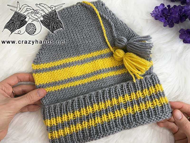 golden striped knit beanie pattern